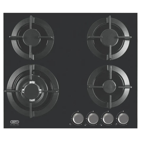 Defy DHG604 60cm Black Glass Gas Hob: Wok Burner, Cast Iron, Safe