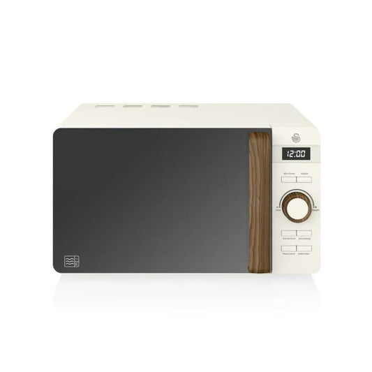 Swan Nordic 20L 700W Microwave Oven: White, Defrost, Timer, Wood Handle