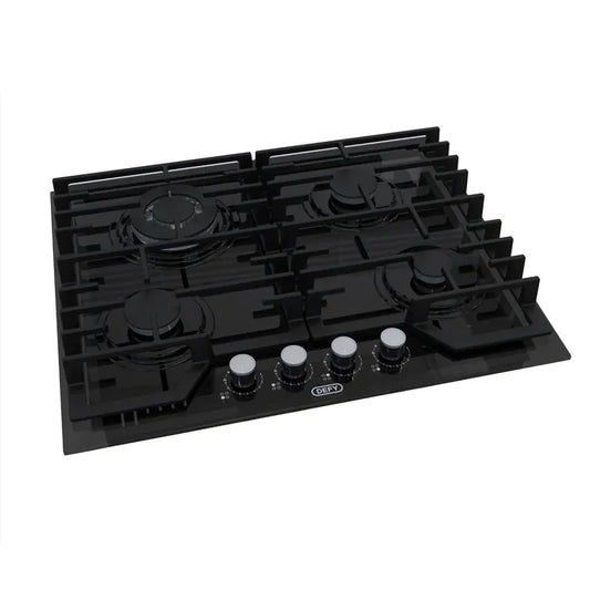 Defy DHG614 65cm Black Glass Gas Hob: Precise Flame, Wok Burner, Cast Iron Grids