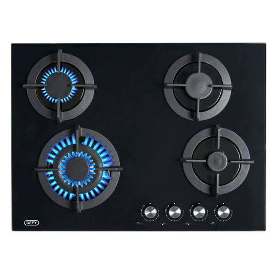 Defy Gemini 70cm Black Gas Hob with Wok Burner, Flame Safety & Cast Iron