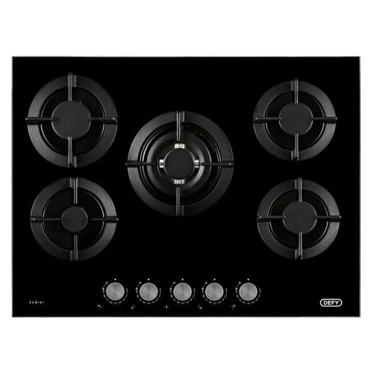 Defy DHG905 Gemini 90cm Gas on Glass Hob with Wok Burner 5 Cast Iron