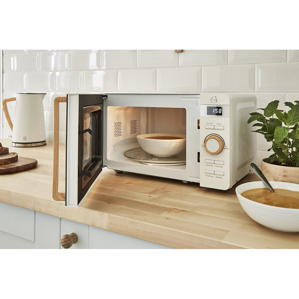 Swan Nordic 20L 700W Microwave Oven: White, Defrost, Timer, Wood Handle