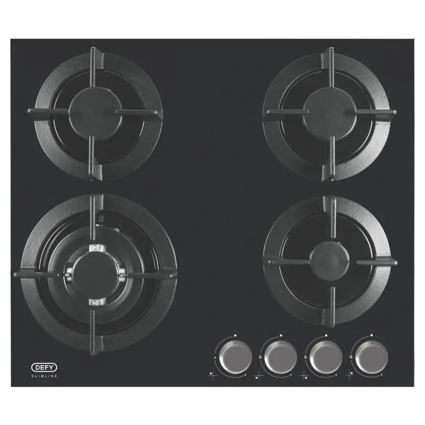 Defy DHG604 60cm Black Glass Gas Hob: Wok Burner, Cast Iron, Safe