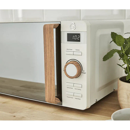 Swan Nordic 20L 700W Microwave Oven: White, Defrost, Timer, Wood Handle